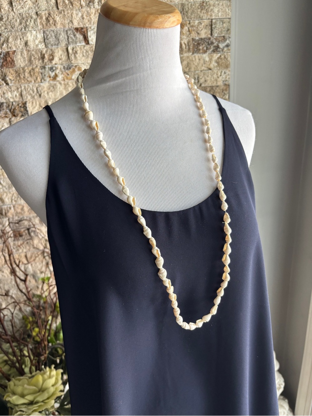 Long Cream Shell Bead Necklace — Natural Cream Shell Strand